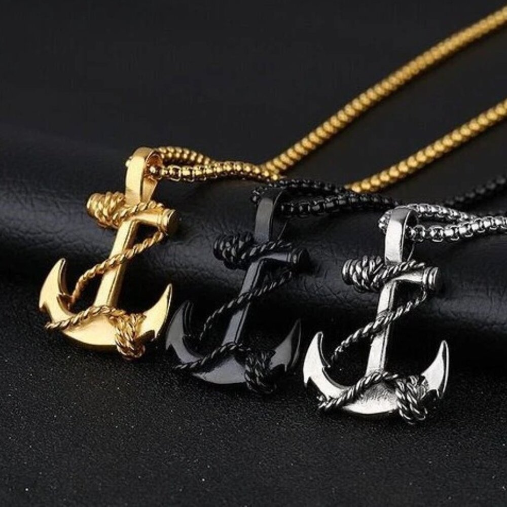 22" Men's Stainless Steel 3mm Smooth Box Link Chain Voyage Anchor Necklace